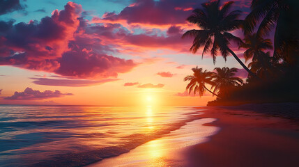 Gorgeous tropical sunset over beach with palm tree silhouettes Perfect for summer travel and vacation