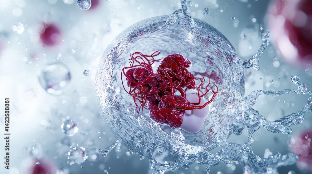 Poster Dynamic water splashing around red microorganisms in a lab setting scientific exploration close-up view