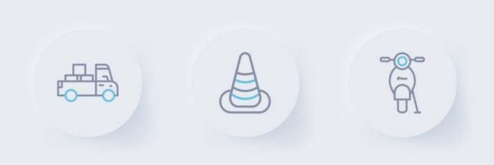 Set line Scooter, Traffic cone and Delivery truck icon. Vector