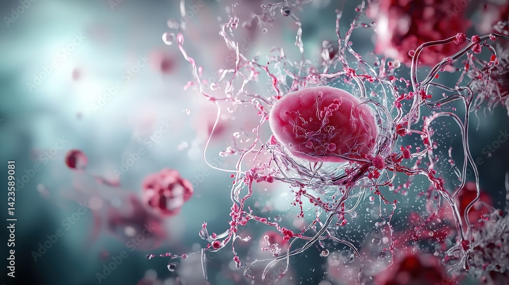 Poster dynamic cellular reactions microbiology lab digital art scientific environment close-up view life pr