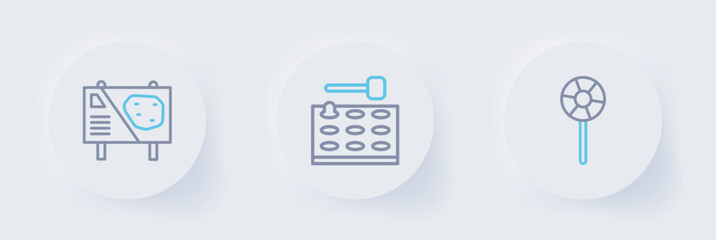 Set line Lollipop, Arcade game machine and Amusement park billboard icon. Vector