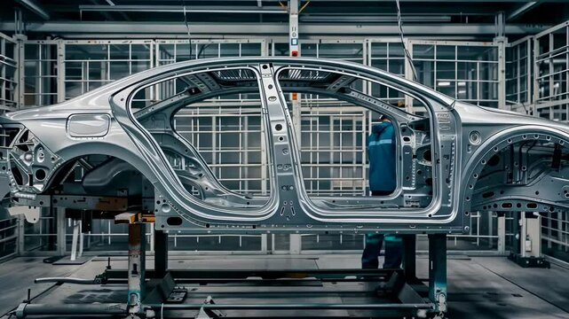 An image featuring the partial construction of a car's chassis, set on an assembly line inside a facility. It suggests the processes of automotive manufacturing in progress.