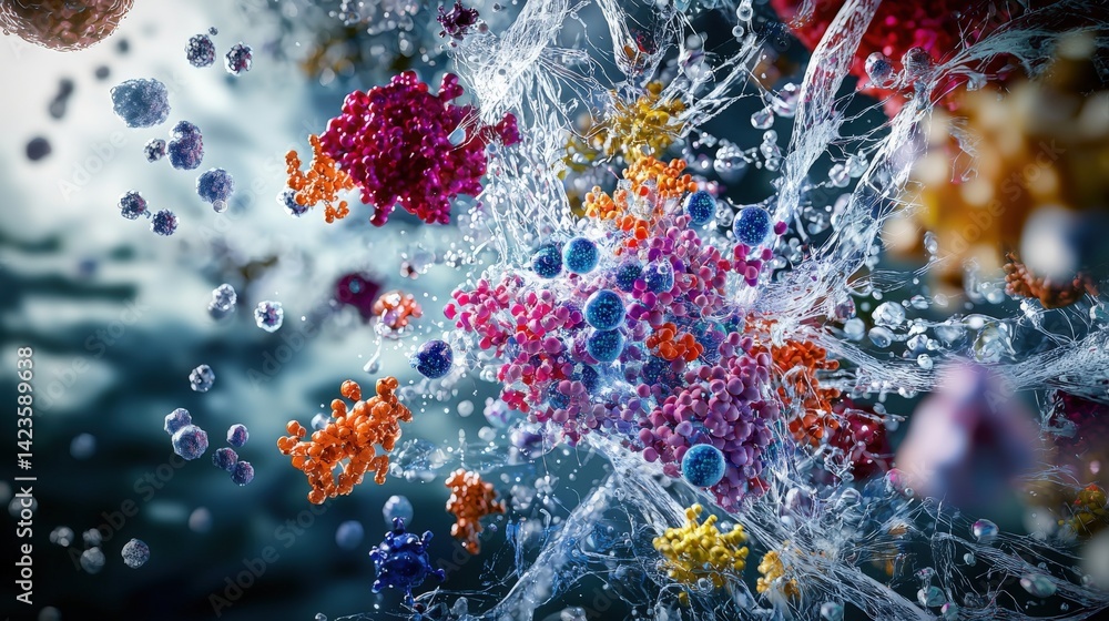 Aufkleber Exploring molecular dynamics vibrant particles in a cellular environment scientific visualization abstract view