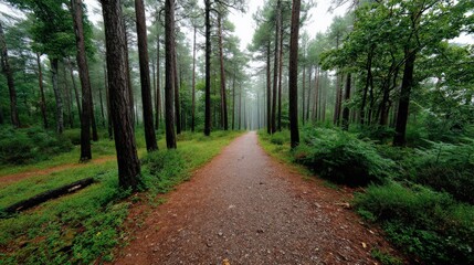 Fototapeta premium Serene Misty Pathway Through Lush Green Forest Surrounded by Tall Trees and Soft Fog