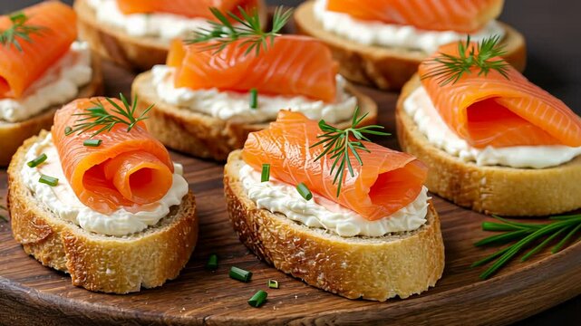 Delicious smoked salmon canapes on rustic wooden board with fresh dill garnish
