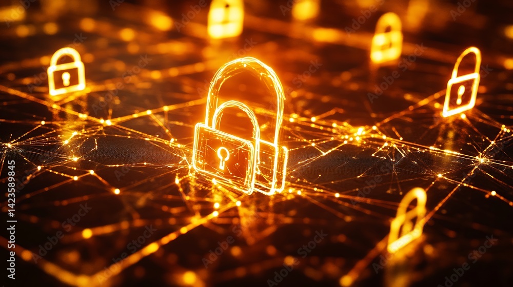 Poster glowing padlock security system protecting data on digital network concept