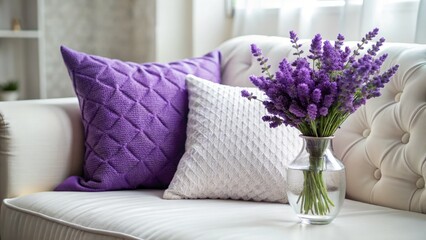 Vintage Purple Pillow Close Up, Lavender Flowers, White Sofa - Retro Home Decor Photography