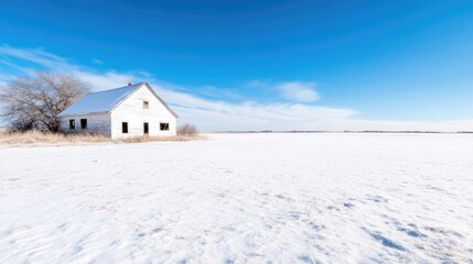 A solitary, snow-covered farmhouse on a vast, wintry plain