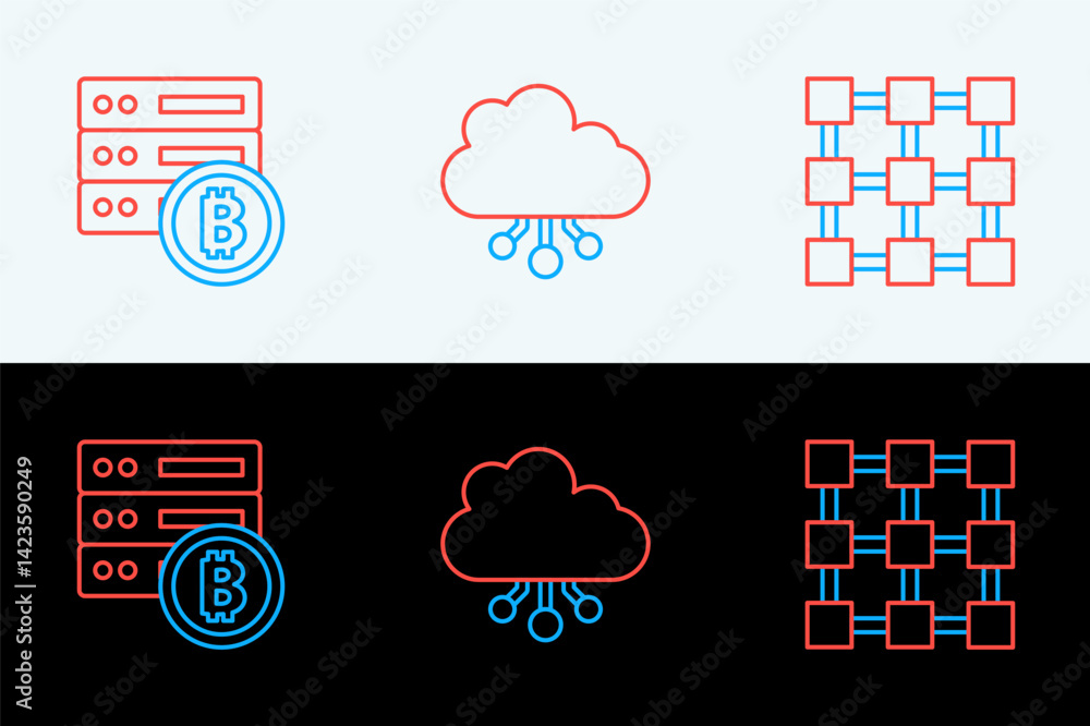 Poster set line blockchain technology, server bitcoin and cryptocurrency cloud mining icon. vector