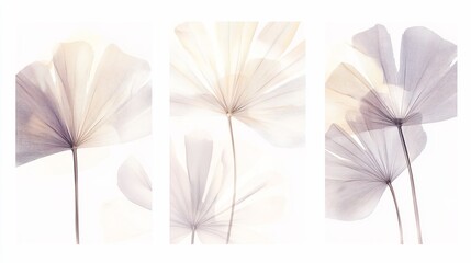 Botanical serenity, ethereal palm leaves in subtle pastel shades against white