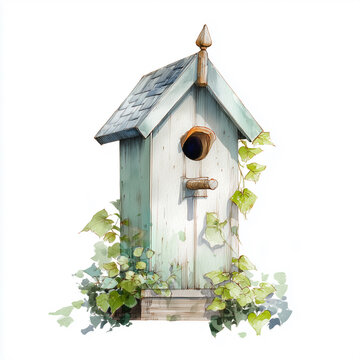 recommend clip art: Vintage watercolor birdhouse isolated on white background.