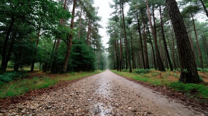 Fototapeta premium Serene Forest Pathway Surrounded by Tall Green Trees Under a Misty Sky in a Forested Landscape