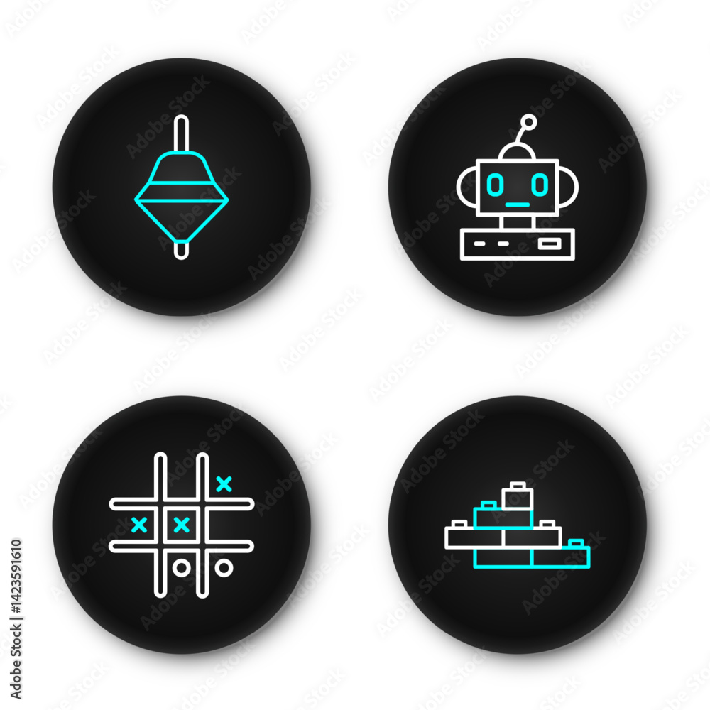 Poster set line toy building block bricks, tic tac toe game, robot toy and whirligig icon. vector