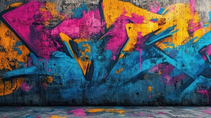 Bright paint splashes on rough wall texture graffiti backdrop