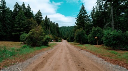 Fototapeta premium Serene Dirt Road Surrounded by Lush Green Forest Under a Bright Blue Sky in a Peaceful Nature Setting