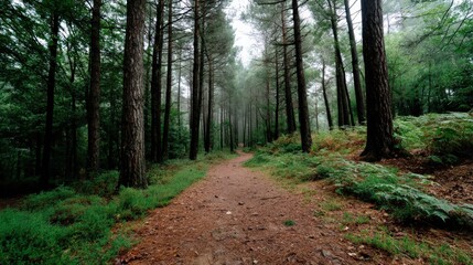 Serene forest path surrounded by tall trees and lush greenery in a misty atmosphere on a calm day