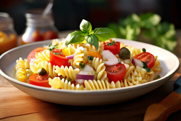 Nudelsalat in einer Schüssel auf dem Küchentisch