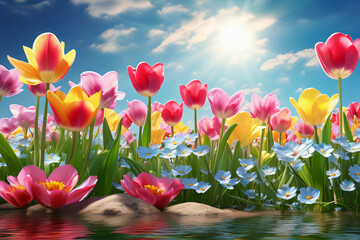 Frühlingswiese mit See, Blumen und Gräsern im Sommer