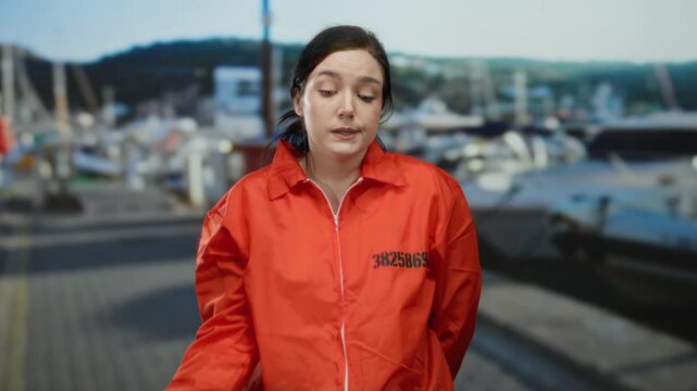 Woman in orange jumpsuit at port with ships showing disappointment and frustration in front of boats, showcasing a vivid maritime background.