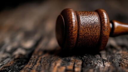 Wooden gavel resting on rustic wood