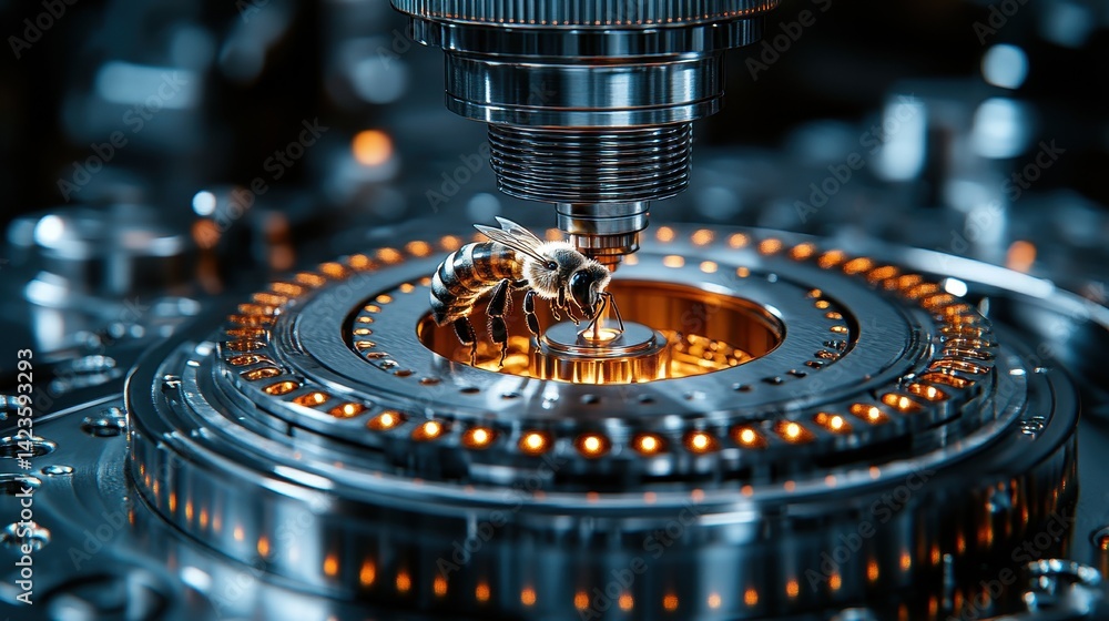 Aufkleber high-tech machinery with intricate gears and a tiny insect.