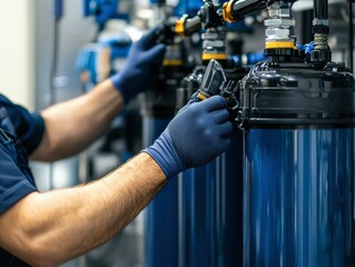 The service center technician is repairing the water filter