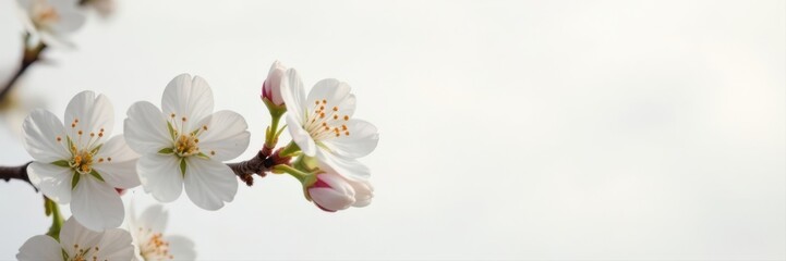 Delicate white cherry blossoms, pristine white backdrop, soft light , clean, white, background