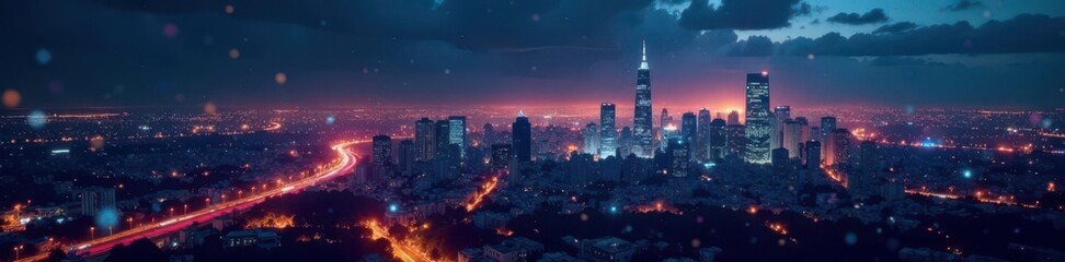 Obraz premium Night cityscape, complex financial graph overlay, skyscrapers, night, corporate