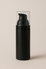 Matte black airless pump bottle mockup with clear lid on neutral background