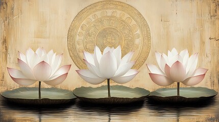Fototapeta premium Three Lotus Flowers on Water with a Golden Disc