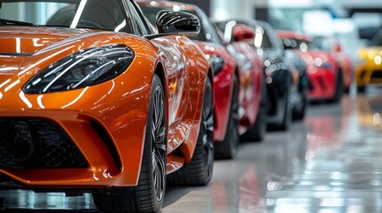 A row of cars are lined up in a showroom
