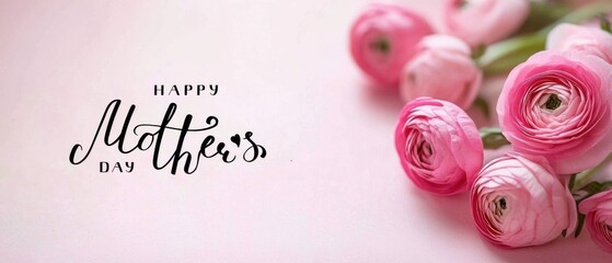 Elegant Happy Mothers Day greeting card with pink ranunculus flowers on a soft pink background, conveying love and appreciation