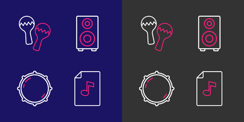Set line Music book with note, Dial knob level, Stereo speaker and Maracas icon. Vector