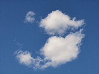 Obraz premium Two large, fluffy cumulus clouds with soft edges floating in a clear blue sky, forming a bold and serene natural sky background