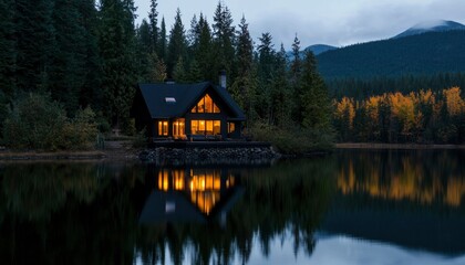 Fototapeta premium Cozy cabin on a serene lake at twilight