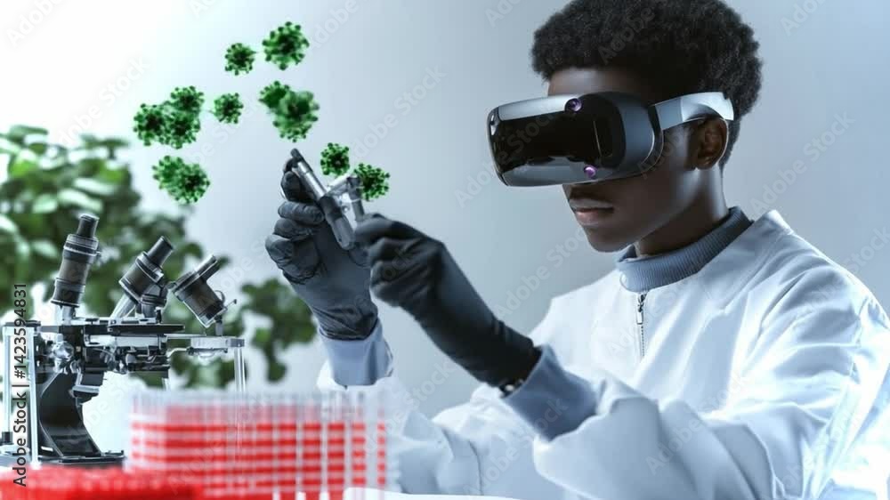 Poster exploring crispr technology through virtual reality in a futuristic laboratory setting