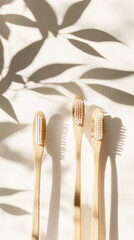 Top view of bamboo toothbrushes with strong shadows on clean background, eco-friendly lifestyle concept. Generative AI
