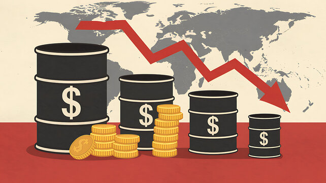 Oil barrels and coin stacks decrease under a falling arrow against a world map backdrop visually representing declining economic value..