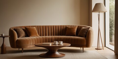 Elegant living room interior with brown velvet sofa coffee table and lamp