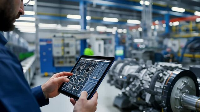 An engineer uses a tablet to view designs in a manufacturing setting. The scene emphasizes the intersection of technology and industrial processes for inspection and quality control.