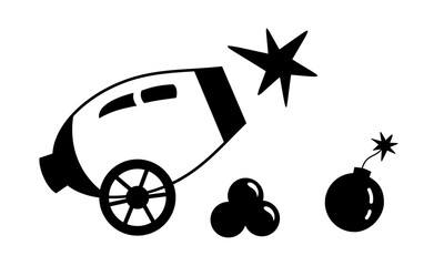 Black and white pirate cannon clipart in cartoon flat style, isolated hand drawn vector illustration