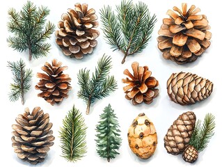 A collection of pine needles and cones in a watercolor inspired style