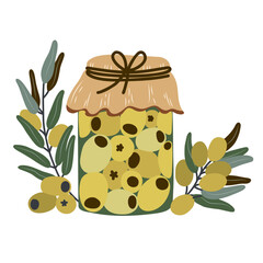 Rustic jar of green olives with branches and leaves, hand-drawn vector illustration of preserved food, Mediterranean harvest concept, perfect for packaging, kitchen decor, and culinary design