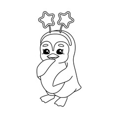 Cute penguin girl with funny star headband on her head. Coloring book with shy penguin baby at party, birthday or wedding.