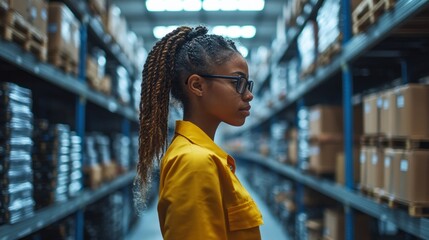In a clean and spacious warehouse, a young inventory control specialist meticulously organizes parts while utilizing digital tracking systems to enhance efficiency.