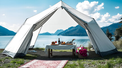 International Picnic Day, Jun 18, Different Foods with Drinks Near Tent Against Lake and Mountains, Generative Ai