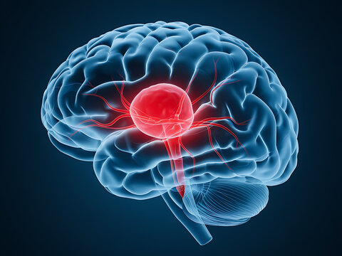Glowing brain illustration with a red highlighted area possibly indicating a tumor aneurysm or area of focus..