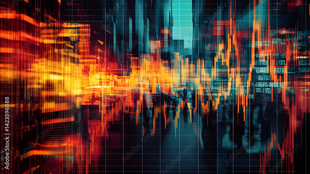 Poster digital indicators and declining graphs of a market crash superimpose over a contemporary scene. con