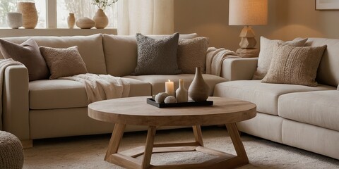 Calm interior with beige sofa,wooden coffee table and decorative elements