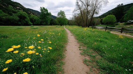 Obraz premium Scenic Nature Path Through Lush Green Field with Yellow Wildflowers Under Dramatic Cloudy Sky